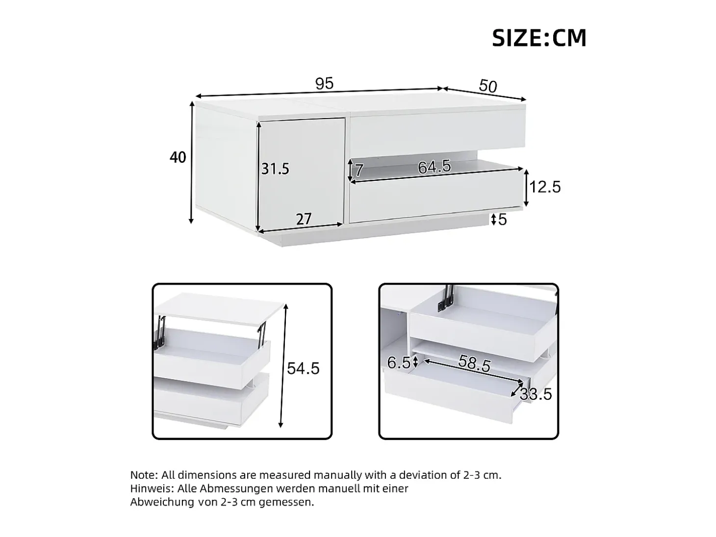 Mesa de centro ajustável 95×50×34,5 cm - Acabamento brilhante - 1 gaveta e 1 porta - Iluminação LED - Branco