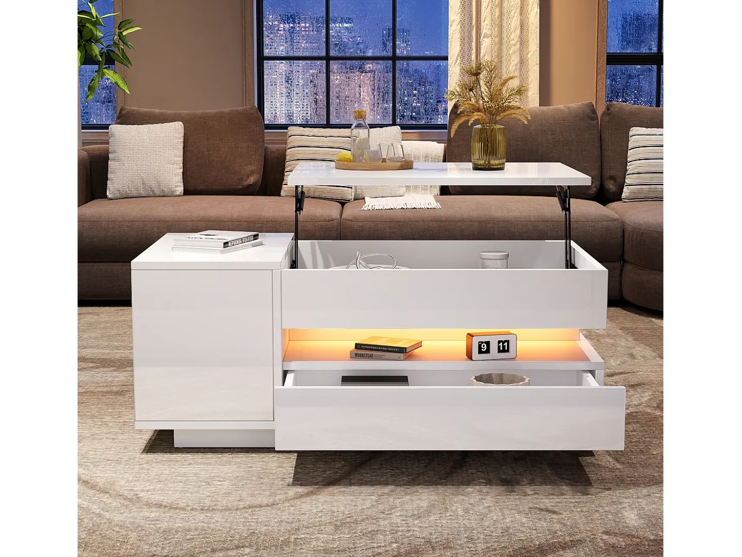 Mesa de centro ajustável 95×50×34,5 cm - Acabamento brilhante - 1 gaveta e 1 porta - Iluminação LED - Branco