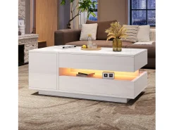 Mesa de centro ajustável 95×50×34,5 cm - Acabamento brilhante - 1 gaveta e 1 porta - Iluminação LED - Branco