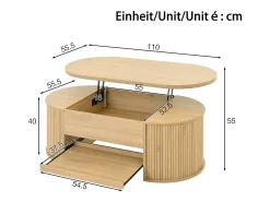 Mesa de centro ajustável 110×55,5×40 cm - laterais curvos - com 1 gaveta - MDF - natural