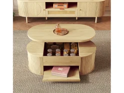 Mesa de centro ajustável 110×55,5×40 cm - laterais curvos - com 1 gaveta - MDF - natural