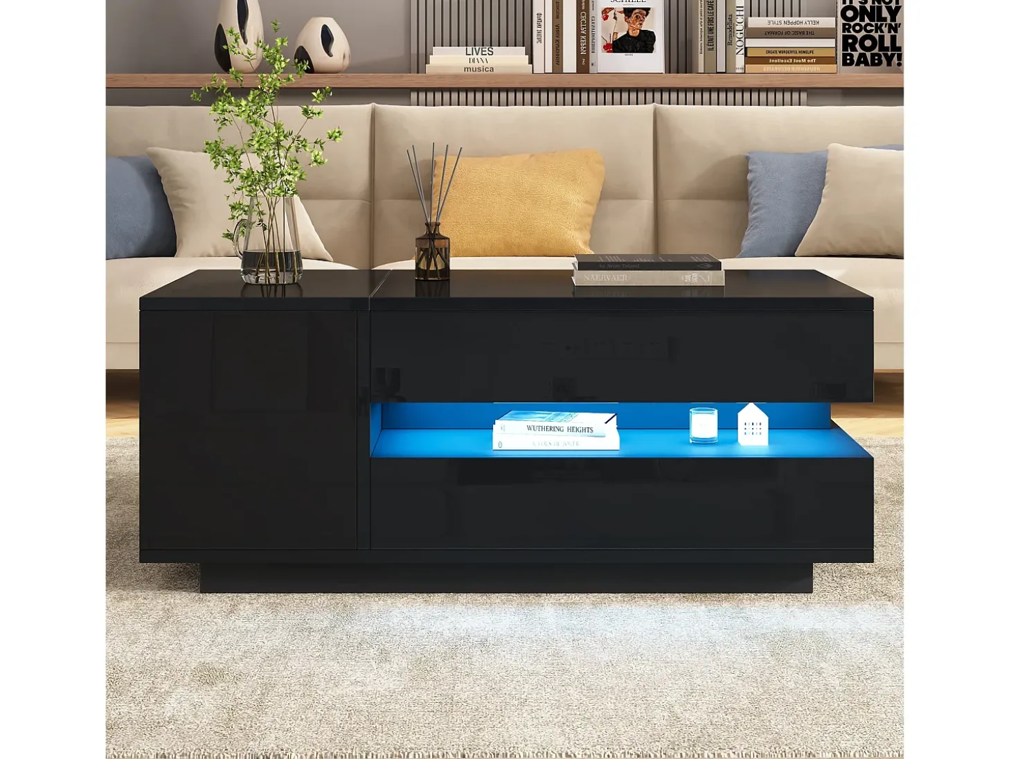Mesa de centro ajustável 95×50×34,5 cm - Acabamento brilhante - 1 gaveta e 1 porta - Iluminação LED - Preto
