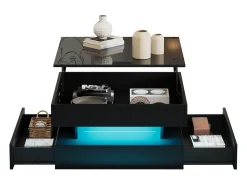 Mesa de centro ajustável 65×65×38,5 cm - acabamento brilhante - com iluminação LED - 2 gavetas - preto