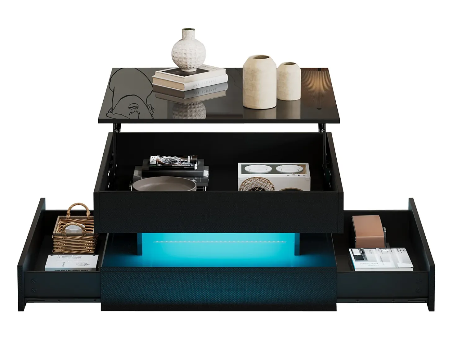 Mesa de centro ajustável 65×65×38,5 cm - acabamento brilhante - com iluminação LED - 2 gavetas - preto