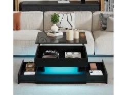 Mesa de centro ajustável 65×65×38,5 cm - acabamento brilhante - com iluminação LED - 2 gavetas - preto