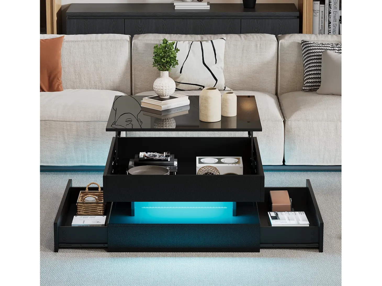 Mesa de centro ajustável 65×65×38,5 cm - acabamento brilhante - com iluminação LED - 2 gavetas - preto