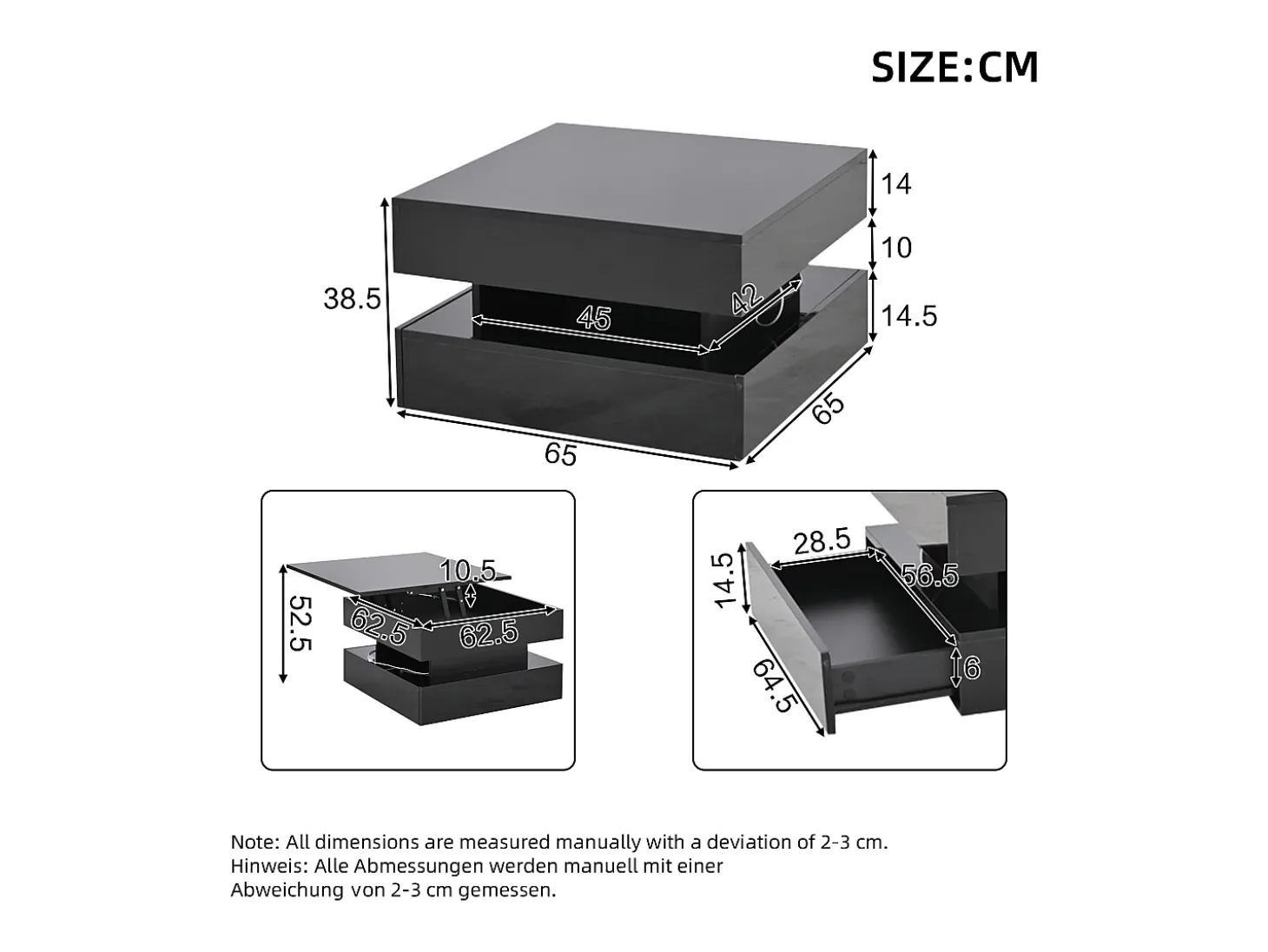 Mesa de centro ajustável 65×65×38,5 cm - acabamento brilhante - com iluminação LED - 2 gavetas - preto