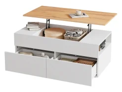 Mesa de centro ajustável 100×50×40 cm - com 2 gavetas - MDF - branco + natural
