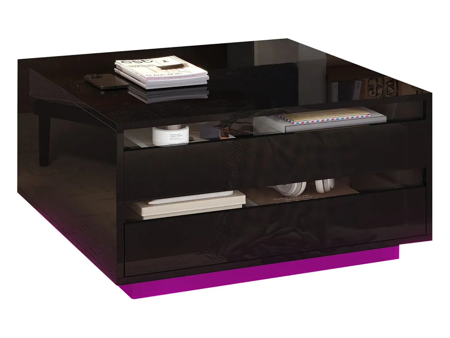 Mesa de centro ajustável 70×70×38 cm - com fita LED - com 1 gaveta e porta basculante - preto