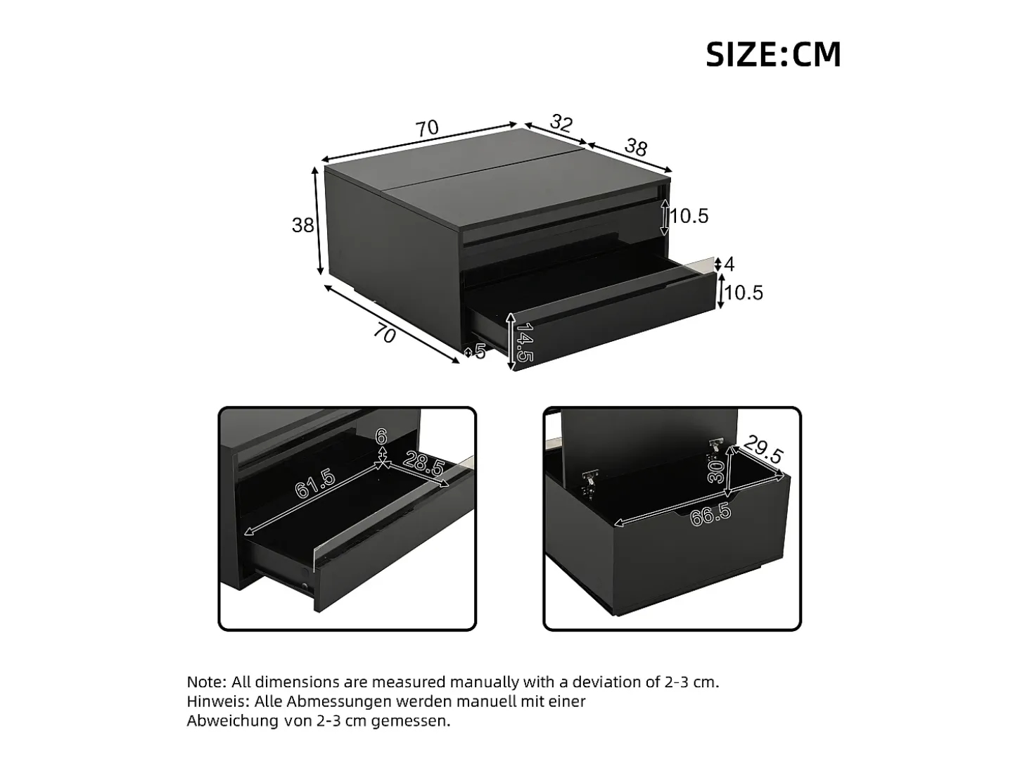 Mesa de centro ajustável 70×70×38 cm - com fita LED - com 1 gaveta e porta basculante - preto