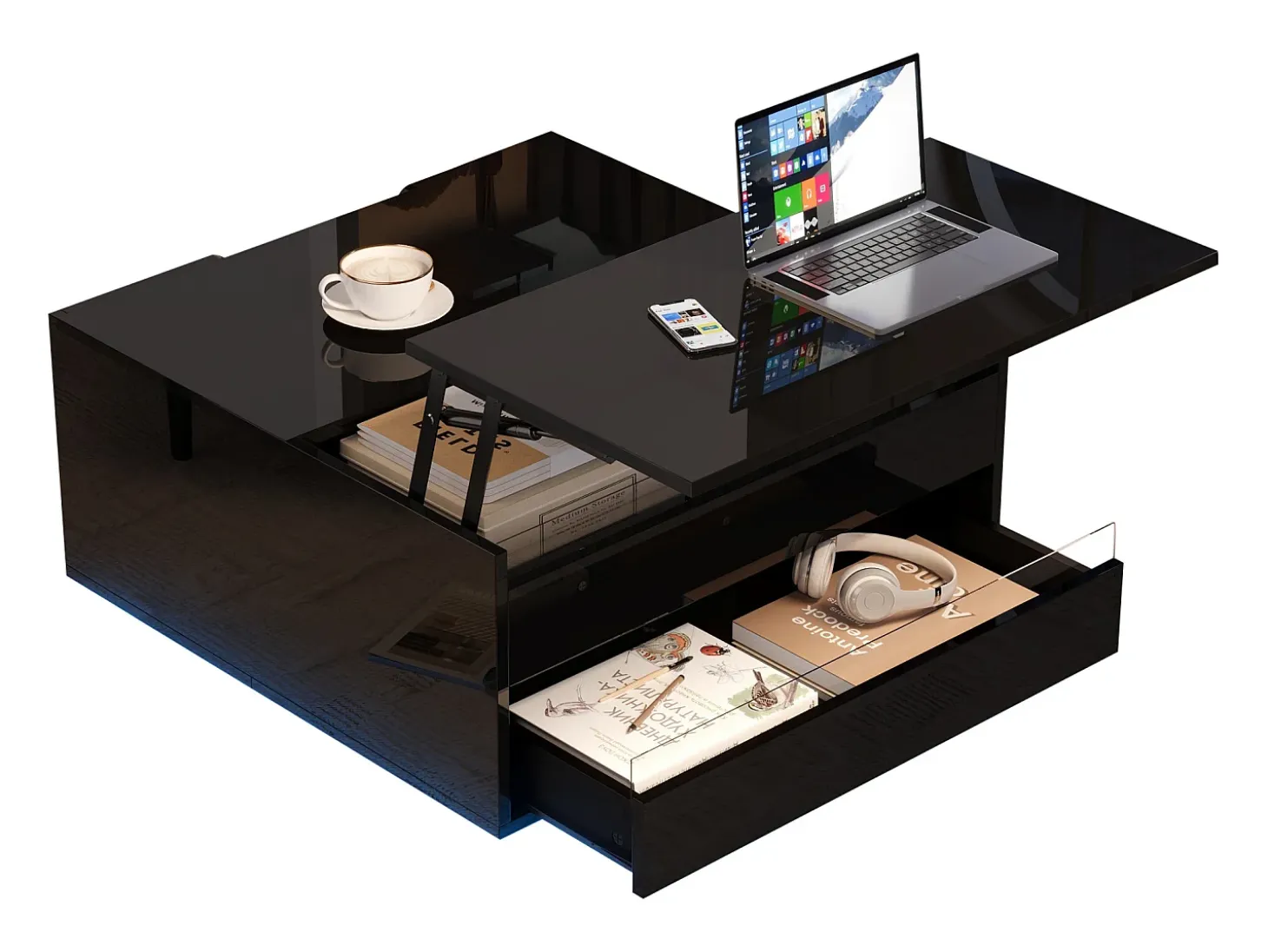 Mesa de centro ajustável 70×70×38 cm - com fita LED - com 1 gaveta e porta basculante - preto