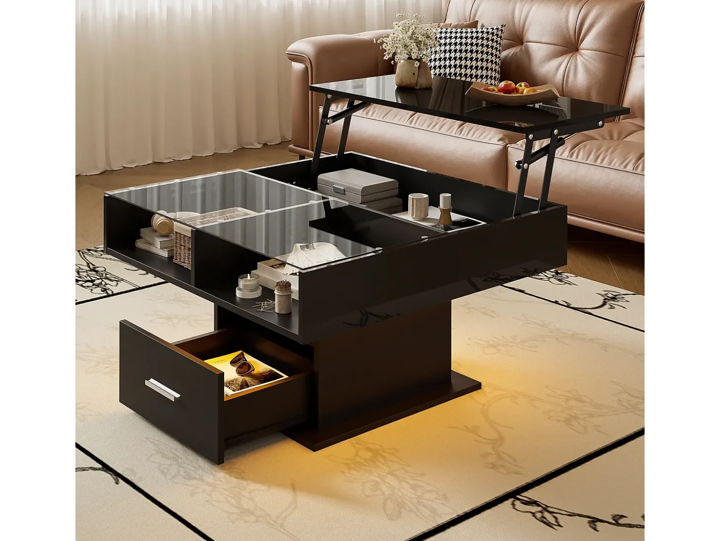 Mesa de centro ajustável 78×78×45,5 cm - com iluminação LED - 1 gaveta - prateleiras abertas - preto