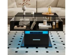 Mesa de centro ajustável 78×78×45,5 cm - com iluminação LED - 1 gaveta - prateleiras abertas - preto