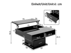 Mesa de centro ajustável 78×78×45,5 cm - com iluminação LED - 1 gaveta - prateleiras abertas - preto