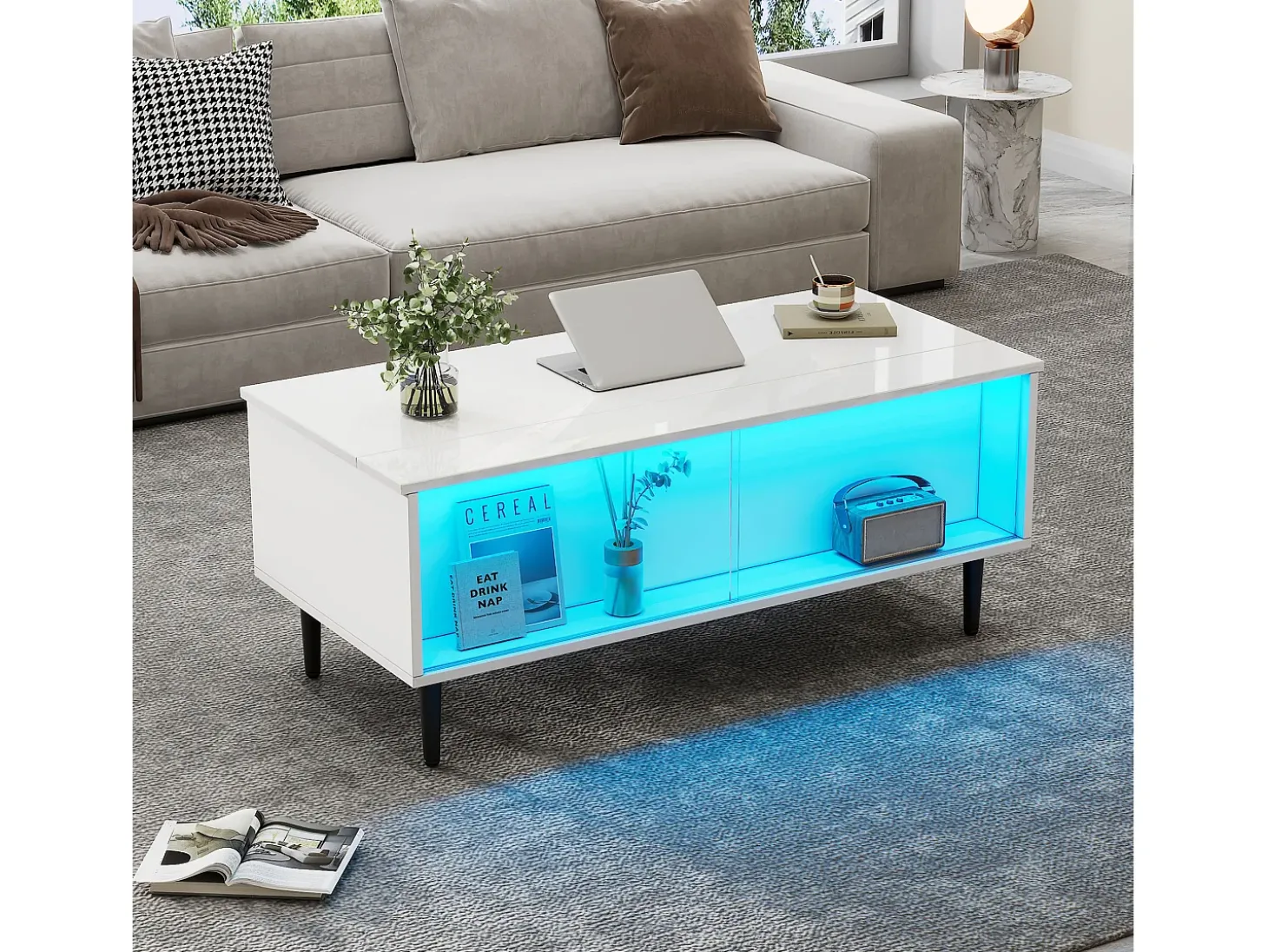 Mesa de centro ajustável 105×50×43 cm - com iluminação LED - tampo de vidro temperado - branco