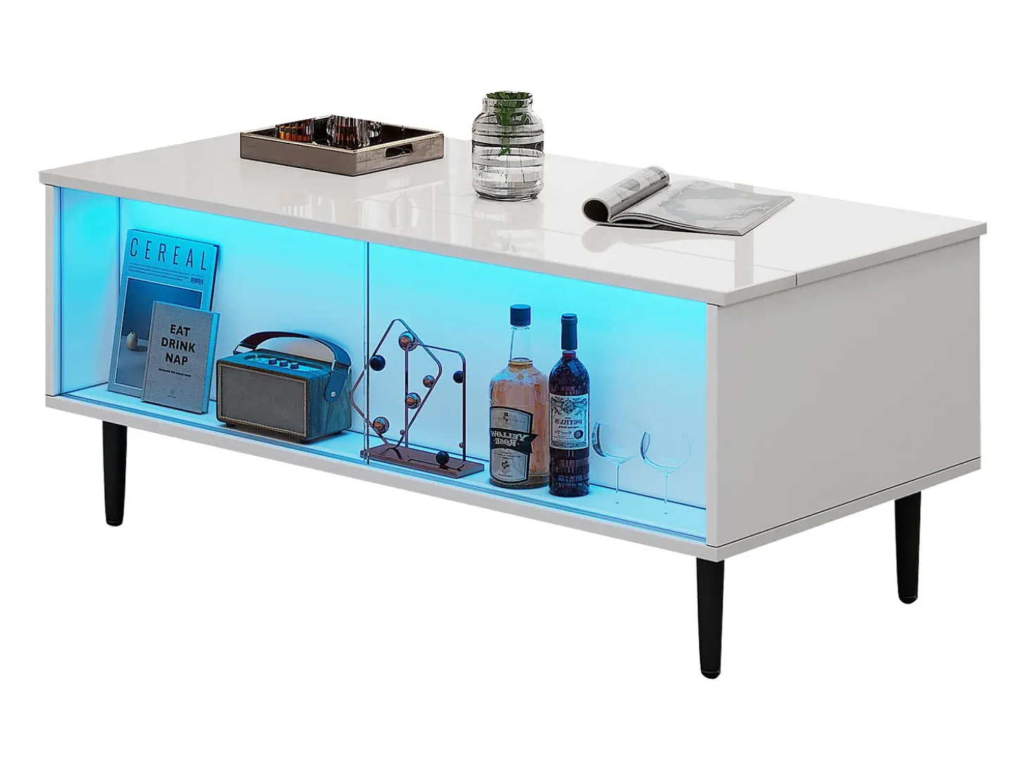 Mesa de centro ajustável 105×50×43 cm - com iluminação LED - tampo de vidro temperado - branco