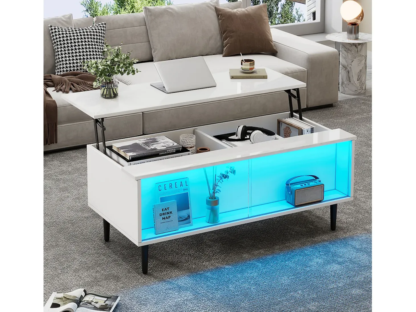 Mesa de centro ajustável 105×50×43 cm - com iluminação LED - tampo de vidro temperado - branco