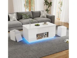 Mesa de centro ajustável 100×50×45 cm - com iluminação LED - acabamento brilhante - com 2 gavetas e 2 banquetas - branco