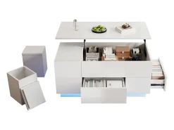 Mesa de centro ajustável 100×50×45 cm - com iluminação LED - acabamento brilhante - com 2 gavetas e 2 banquetas - branco