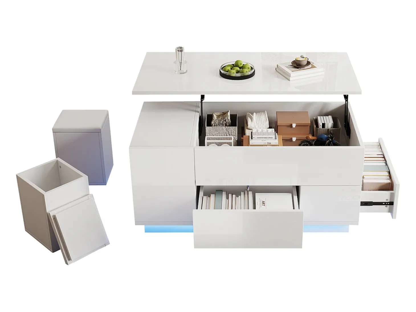 Mesa de centro ajustável 100×50×45 cm - com iluminação LED - acabamento brilhante - com 2 gavetas e 2 banquetas - branco