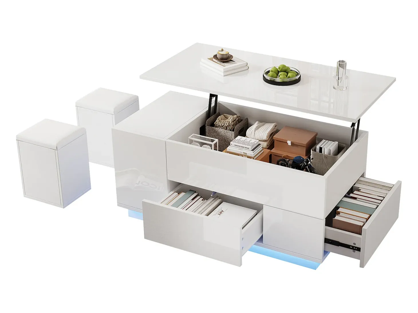Mesa de centro ajustável 100×50×45 cm - com iluminação LED - acabamento brilhante - com 2 gavetas e 2 banquetas - branco