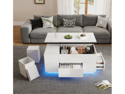 Mesa de centro ajustável 100×50×45 cm - com iluminação LED - acabamento brilhante - com 2 gavetas e 2 banquetas - branco