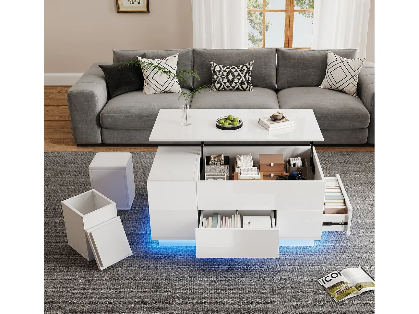 Mesa de centro ajustável 100×50×45 cm - com iluminação LED - acabamento brilhante - com 2 gavetas e 2 banquetas - branco