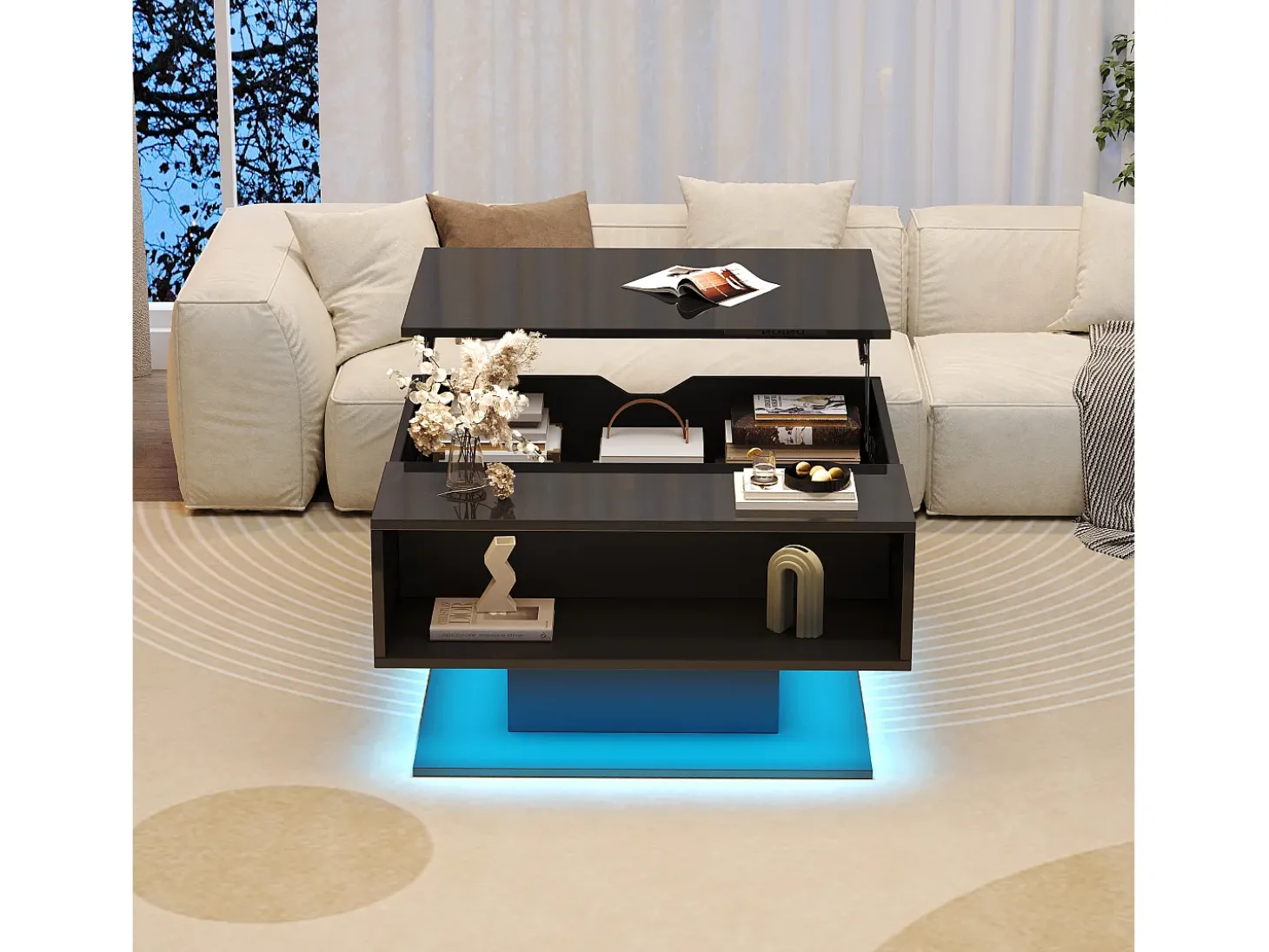 Mesa de centro ajustável 80×77×40 cm - design brilhante - com iluminação LED - armazenamento semiaberto - preto