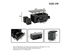 Mesa de centro ajustável 100×50×45 cm - com iluminação LED - acabamento brilhante - com 2 gavetas e 2 banquetas - preto