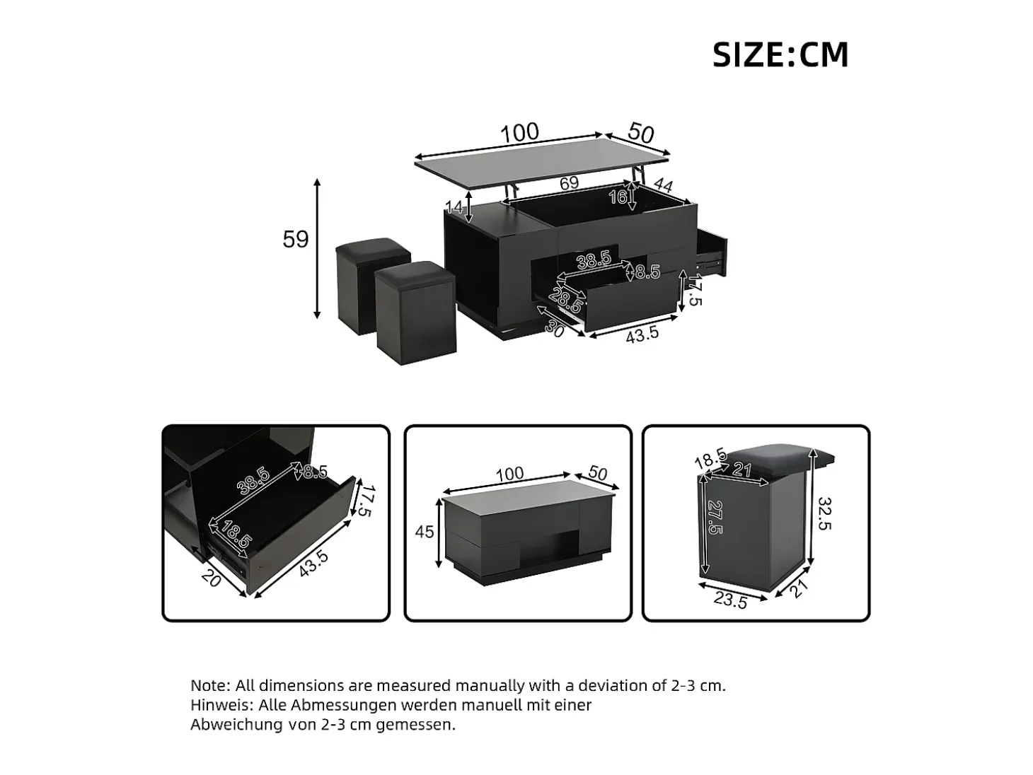 Mesa de centro ajustável 100×50×45 cm - com iluminação LED - acabamento brilhante - com 2 gavetas e 2 banquetas - preto