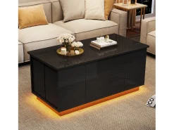 Mesa de centro ajustável 100×50×45 cm - com iluminação LED - acabamento brilhante - com 2 gavetas e 2 banquetas - preto