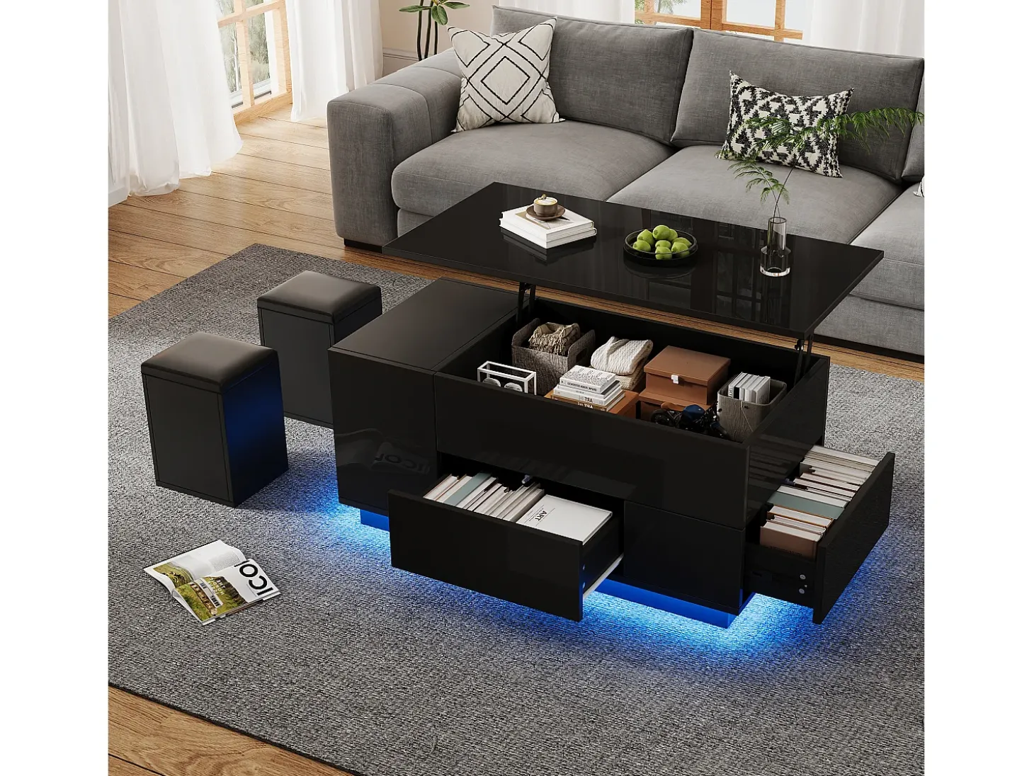 Mesa de centro ajustável 100×50×45 cm - com iluminação LED - acabamento brilhante - com 2 gavetas e 2 banquetas - preto