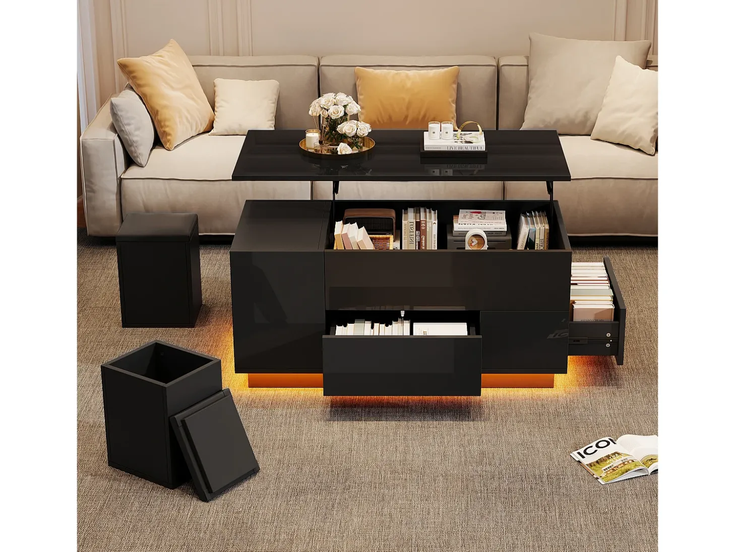 Mesa de centro ajustável 100×50×45 cm - com iluminação LED - acabamento brilhante - com 2 gavetas e 2 banquetas - preto