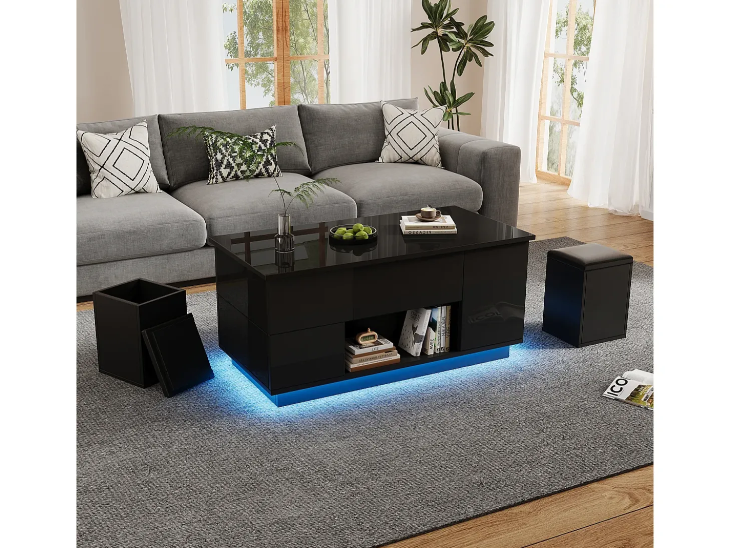 Mesa de centro ajustável 100×50×45 cm - com iluminação LED - acabamento brilhante - com 2 gavetas e 2 banquetas - preto