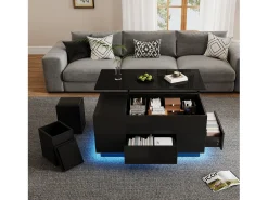 Mesa de centro ajustável 100×50×45 cm - com iluminação LED - acabamento brilhante - com 2 gavetas e 2 banquetas - preto