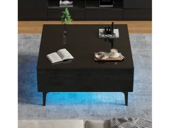 Mesa de centro ajustável - 70 x 70 x 35 cm - com 1 gaveta + prateleiras ocultas + LEDs - MDF - preto