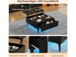 Mesa de centro ajustável - 70 x 70 x 35 cm - com 1 gaveta + prateleiras ocultas + LEDs - MDF - preto