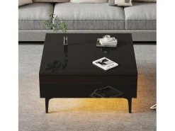 Mesa de centro ajustável - 70 x 70 x 35 cm - com 1 gaveta + prateleiras ocultas + LEDs - MDF - preto