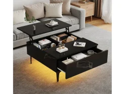 Mesa de centro ajustável - 70 x 70 x 35 cm - com 1 gaveta + prateleiras ocultas + LEDs - MDF - preto