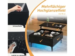 Mesa de centro ajustável - 70 x 70 x 35 cm - com 1 gaveta + prateleiras ocultas + LEDs - MDF - preto