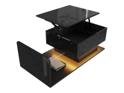 Mesa de centro ajustável alto brilho 100×50×47,5 cm - Tampo de vidro - Iluminação LED - Painéis de partículas - preto