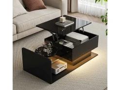 Mesa de centro ajustável alto brilho 100×50×47,5 cm - Tampo de vidro - Iluminação LED - Painéis de partículas - preto