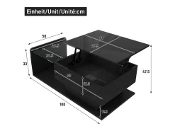 Mesa de centro ajustável alto brilho 100×50×47,5 cm - Tampo de vidro - Iluminação LED - Painéis de partículas - preto