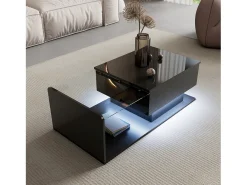 Mesa de centro ajustável alto brilho 100×50×47,5 cm - Tampo de vidro - Iluminação LED - Painéis de partículas - preto