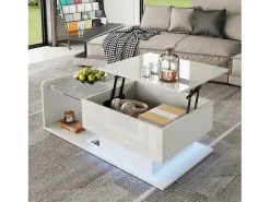 Mesa de centro ajustável alto brilho 100×50×47,5 cm - Tampo de vidro - Iluminação LED - Painéis de partículas - branco