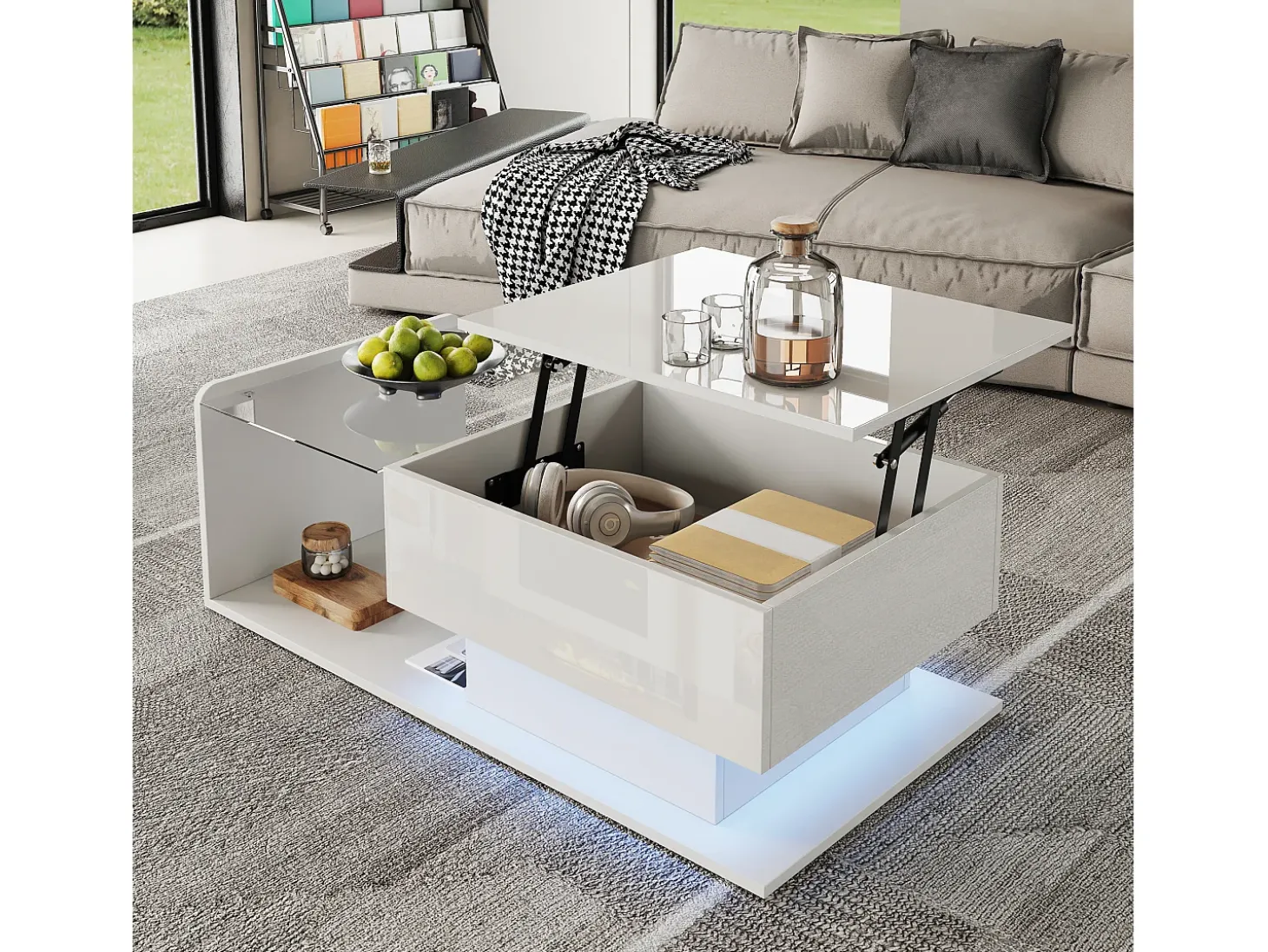 Mesa de centro ajustável alto brilho 100×50×47,5 cm - Tampo de vidro - Iluminação LED - Painéis de partículas - branco