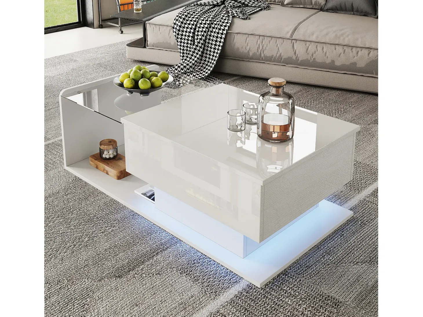 Mesa de centro ajustável alto brilho 100×50×47,5 cm - Tampo de vidro - Iluminação LED - Painéis de partículas - branco