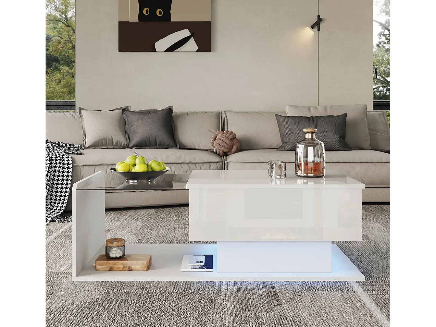 Mesa de centro ajustável alto brilho 100×50×47,5 cm - Tampo de vidro - Iluminação LED - Painéis de partículas - branco