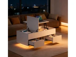 Mesa de centro ajustável em altura 100x45x43 cm - Com 2 gavetas e iluminação LED - Superfície brilhante - Painéis de partículas - Branco