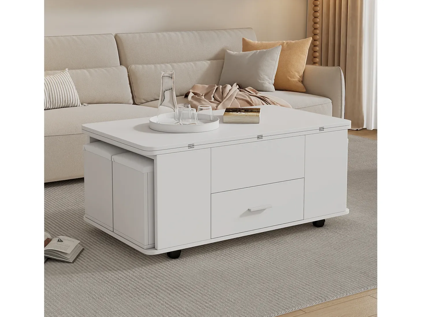 Mesa de centro ajustável em altura 100x50x45cm - multifuncional 4 em 1 - com 1 gaveta - com 4 banquinhos - branca